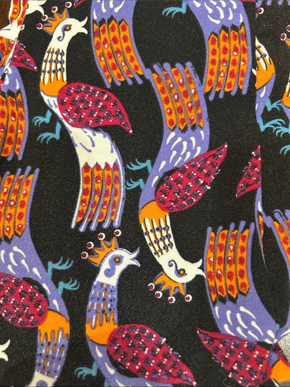 LuLaRoe leggings Colorful Bird Print Fabric in Black, Purple, Pink, Orange